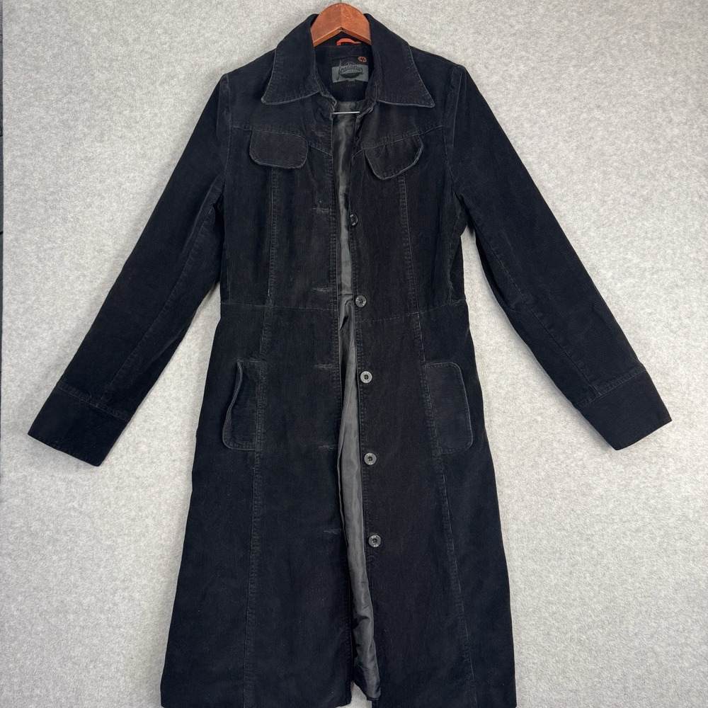 Stradivarius Black Corduroy Trench Coat Belted Goth Academia L VTG Button Up - Picture 3 of 16